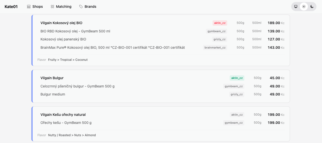 Product matching dashboard showing competitor prices across shops